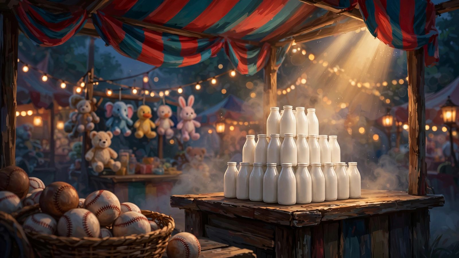 A pyramid of white milk bottles under a shaft of carnival light