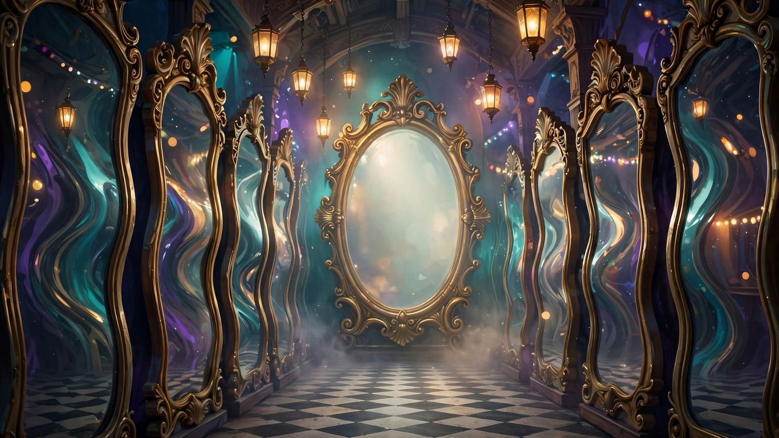 A hall of wavy golden mirrors around one grand glowing mirror