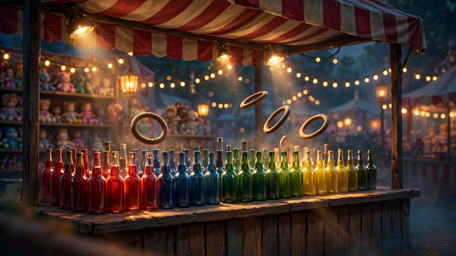 Rings flying over rows of colored bottles at the ring toss booth