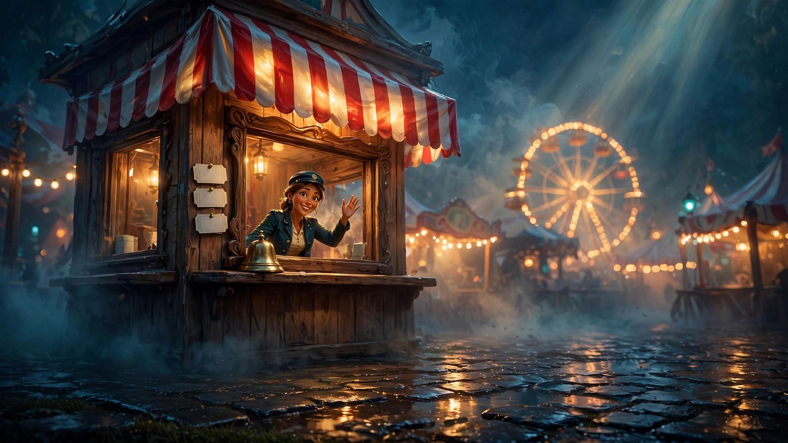 Rosa waving from the Starlight Carnival ticket booth